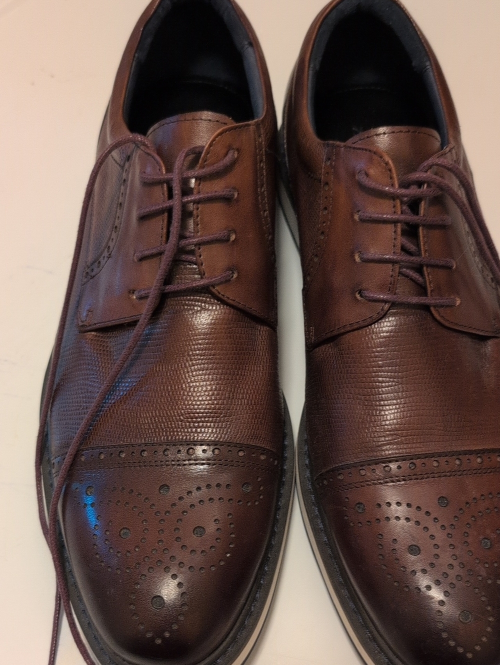 Men's Brown Leather Textured Derby Shoes with Brogue Detail